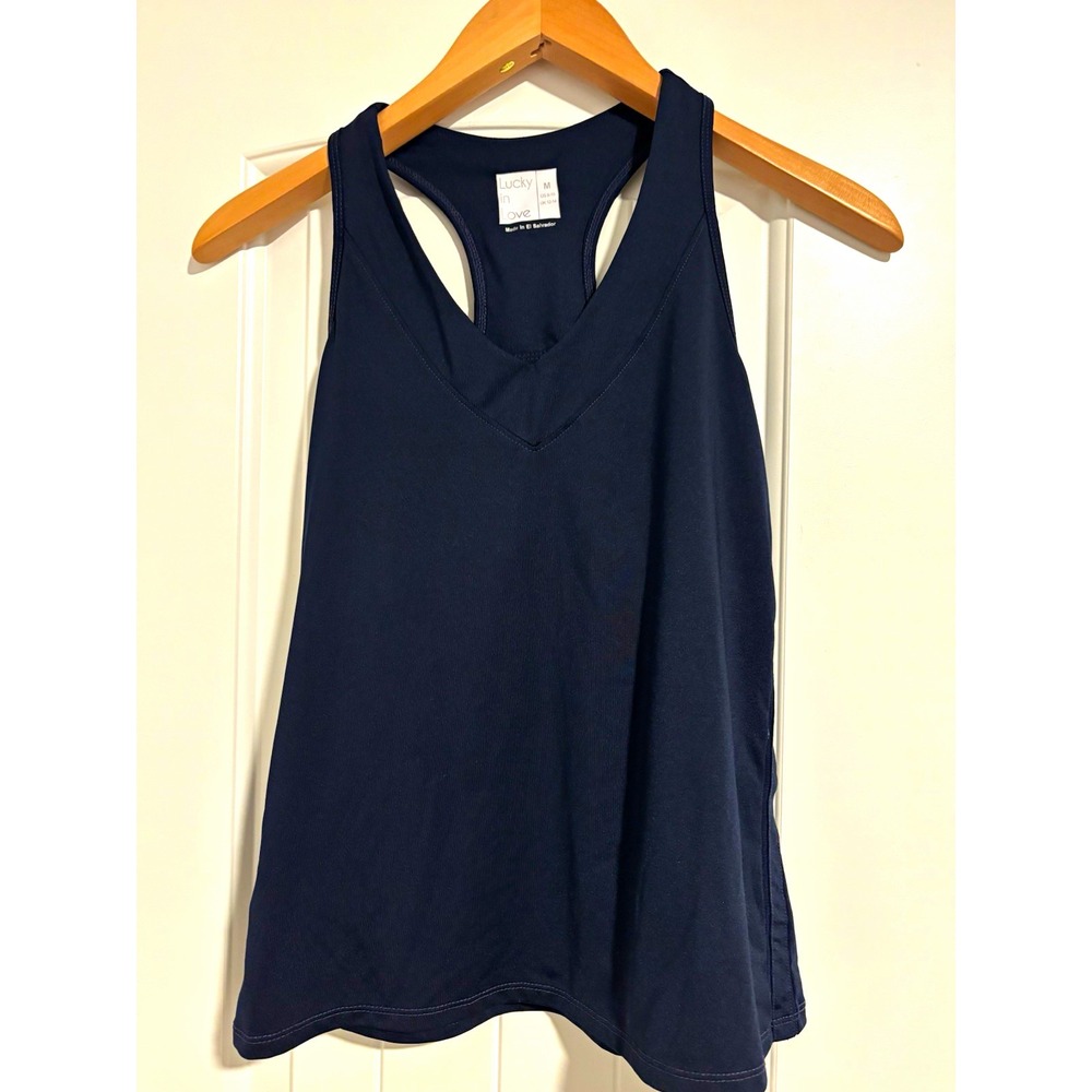 Lucky In Love Women's Navy Racerback Tank M athleisure gym yoga